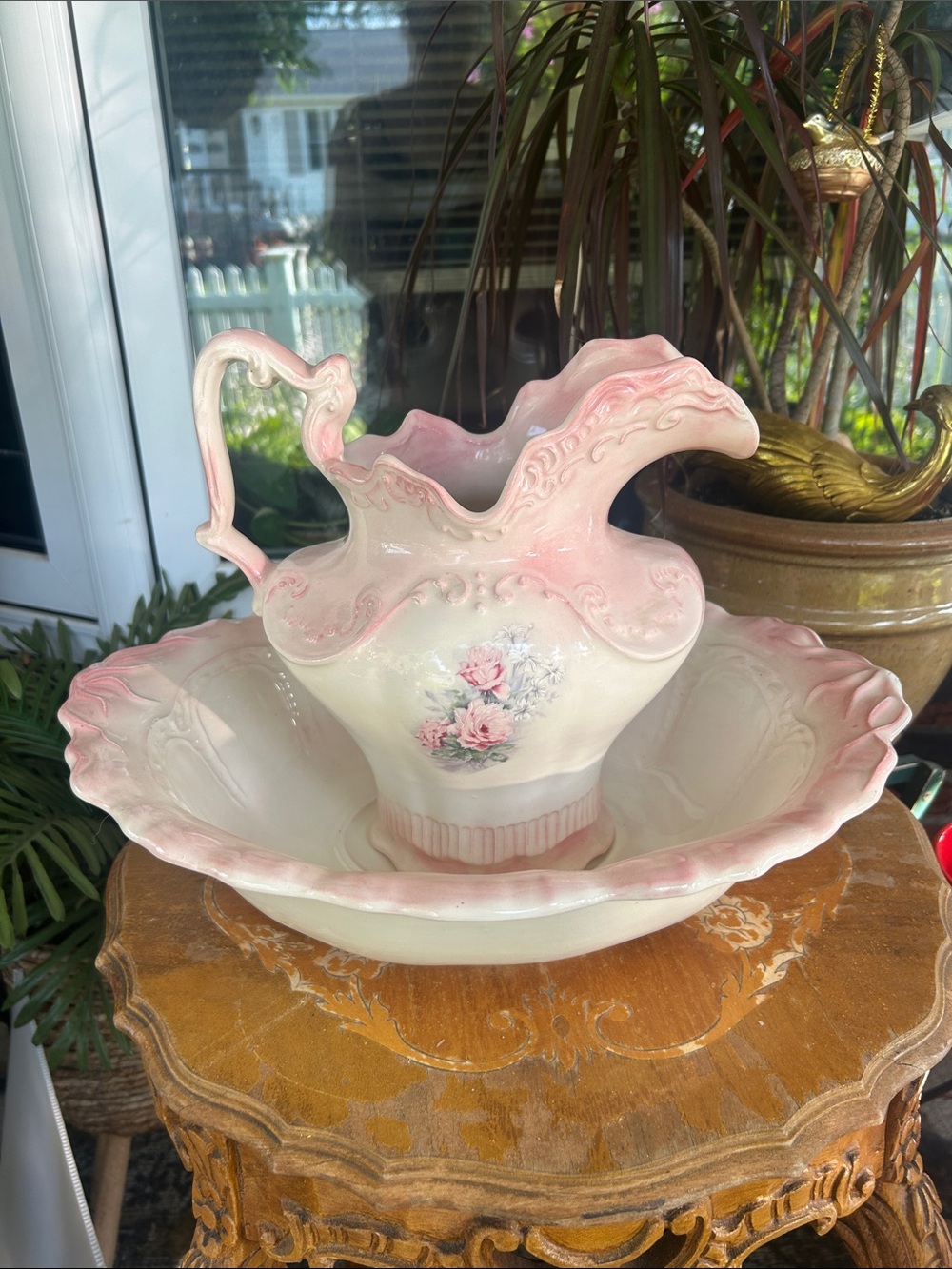 Vintage Victorian Style Ceramic Pitcher and Basin Set w Pink Rose Motif